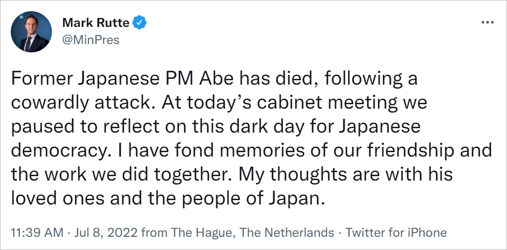 日本前首相安倍晋三中枪身亡，荷兰首相表示深感震惊和悲痛