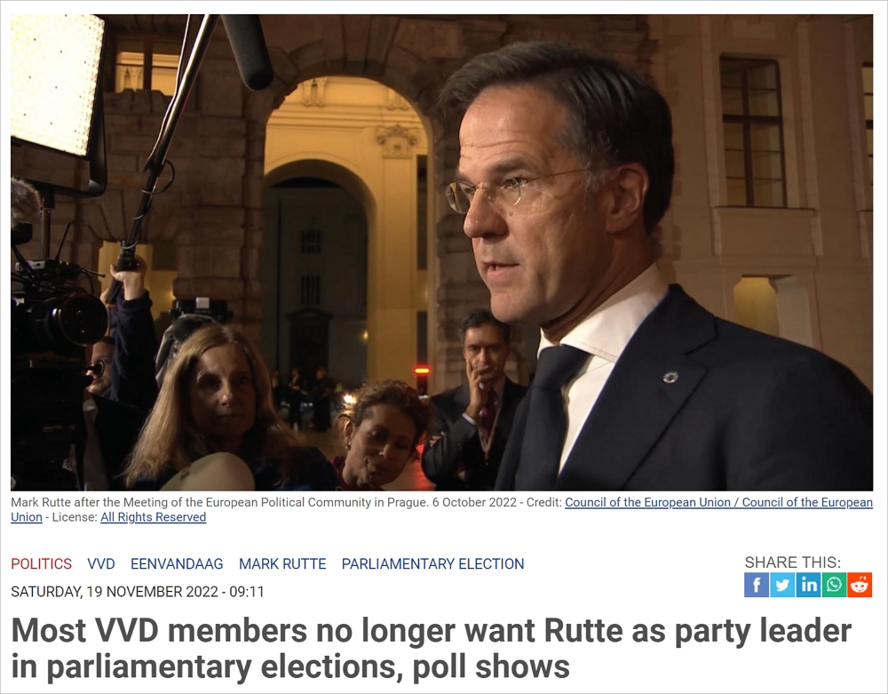 荷兰大部分VVD政党成员希望Mark Rutte下台？支持率从96%下降到57%