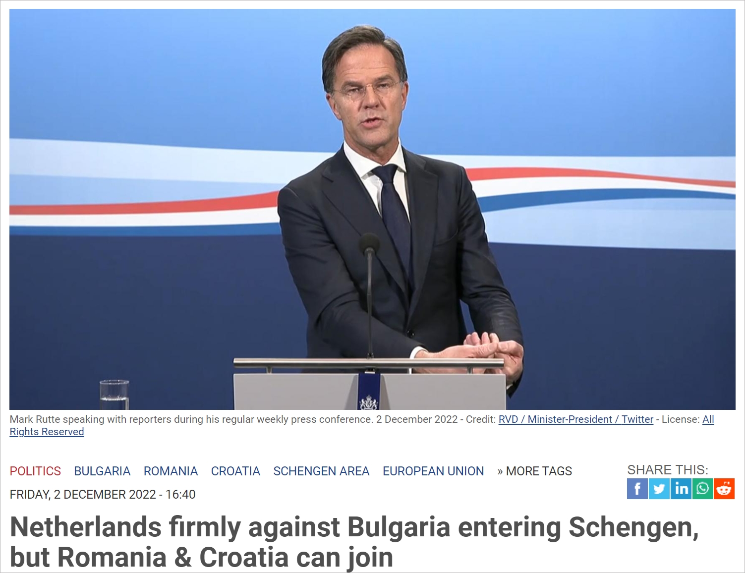 荷兰反对保加利亚加入申根区，Rutte表示该国还没达到要求
