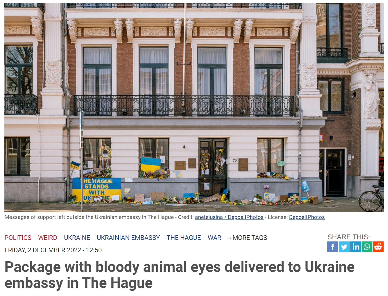 乌克兰驻欧洲多国使领馆遭恐吓包裹，里面有动物眼睛…
