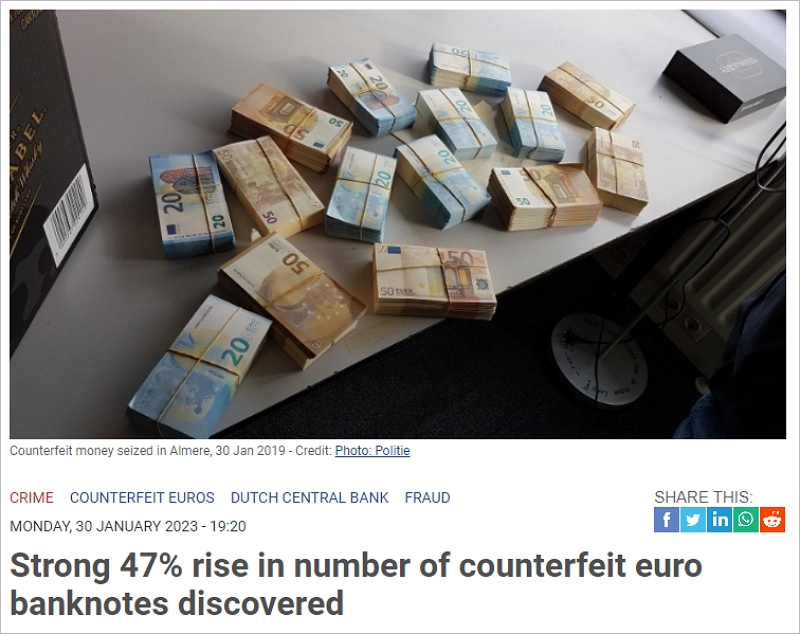 在荷兰发现的欧元假钞数量激增47%，主要原因是做工太拉胯