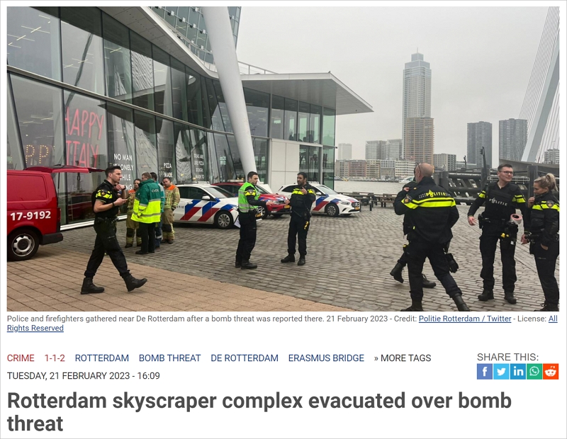 鹿特丹“地标建筑”遭遇炸弹威胁，只是恶作剧？情报部门表示担忧
