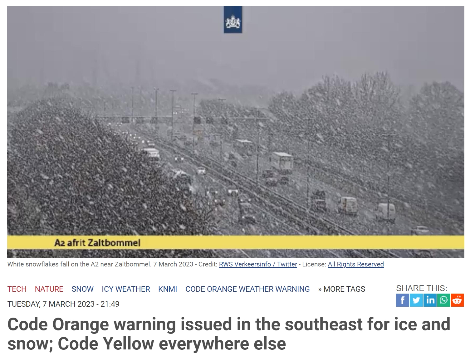 荷兰气象研究所发布橙色天气预警，局部地区降雪量将达到5厘米