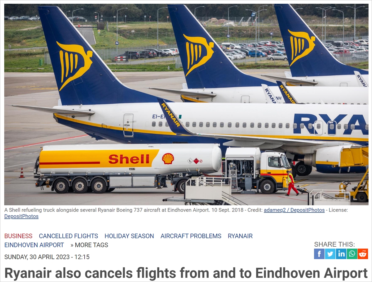 荷兰出发的航班接连被迫取消，Transavia之后，Ryanair也开始了