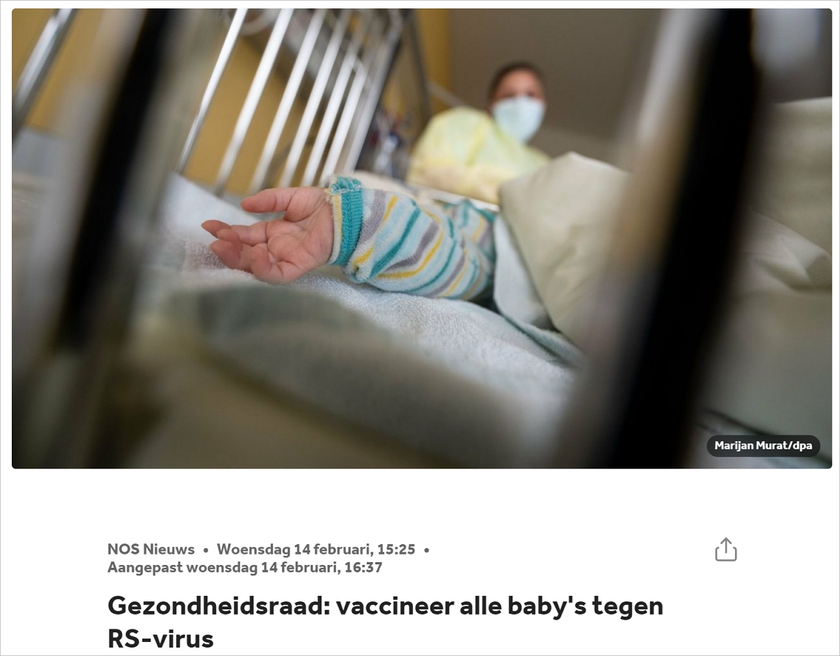 荷兰将为所有婴儿接种RS病毒疫苗，目前卫生委员会正式提出建议