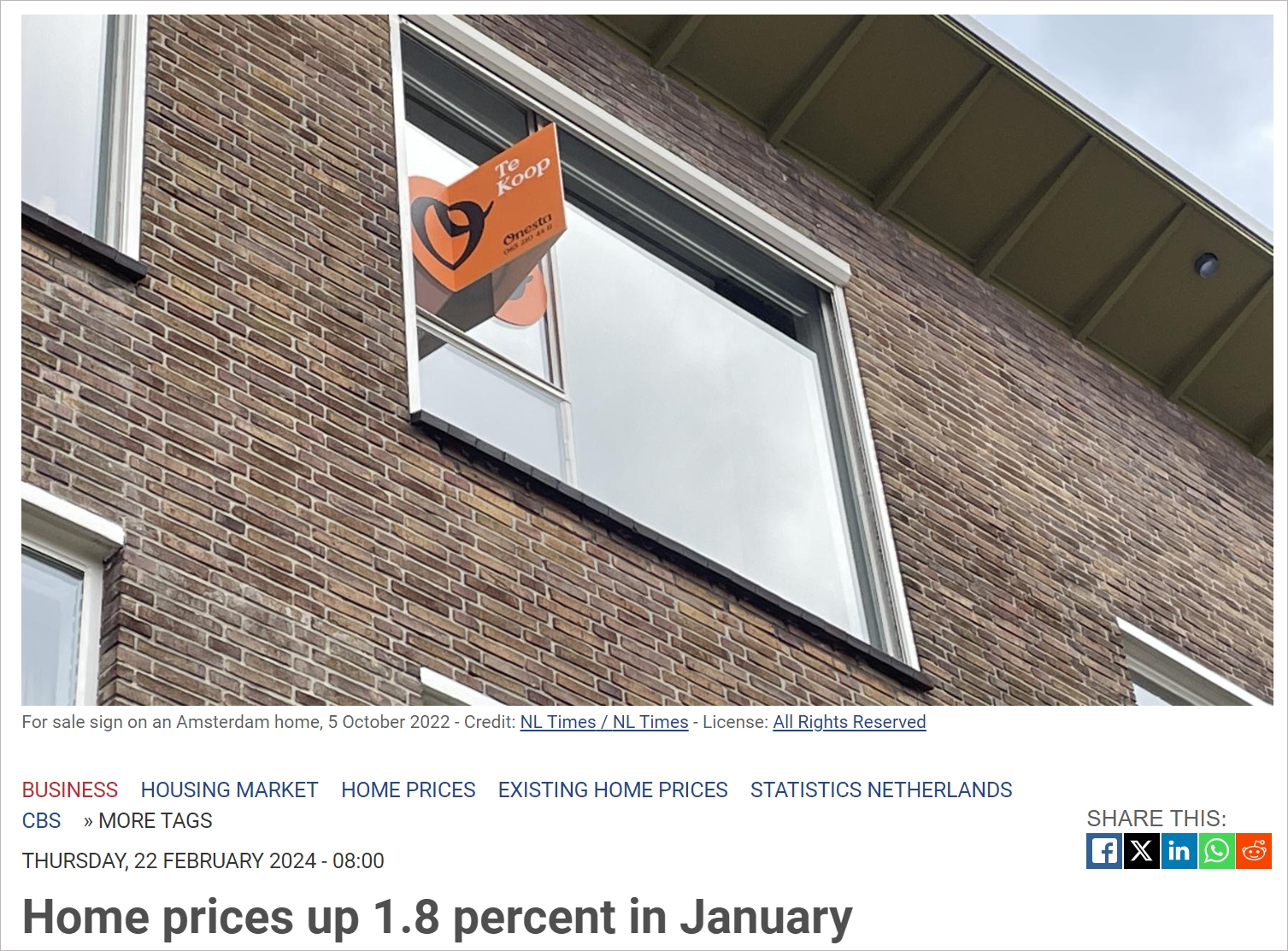 荷兰统计局公布住房数据，房价和房屋交易数量均在增长