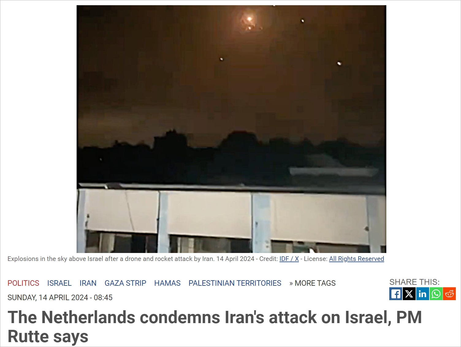 伊朗对以色列发动大规模导弹袭击，英美法参与对抗，荷兰强烈谴责