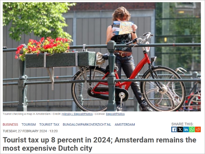 2024年旅游税上涨8%，阿姆仍是荷兰最贵，哪些地区最低？