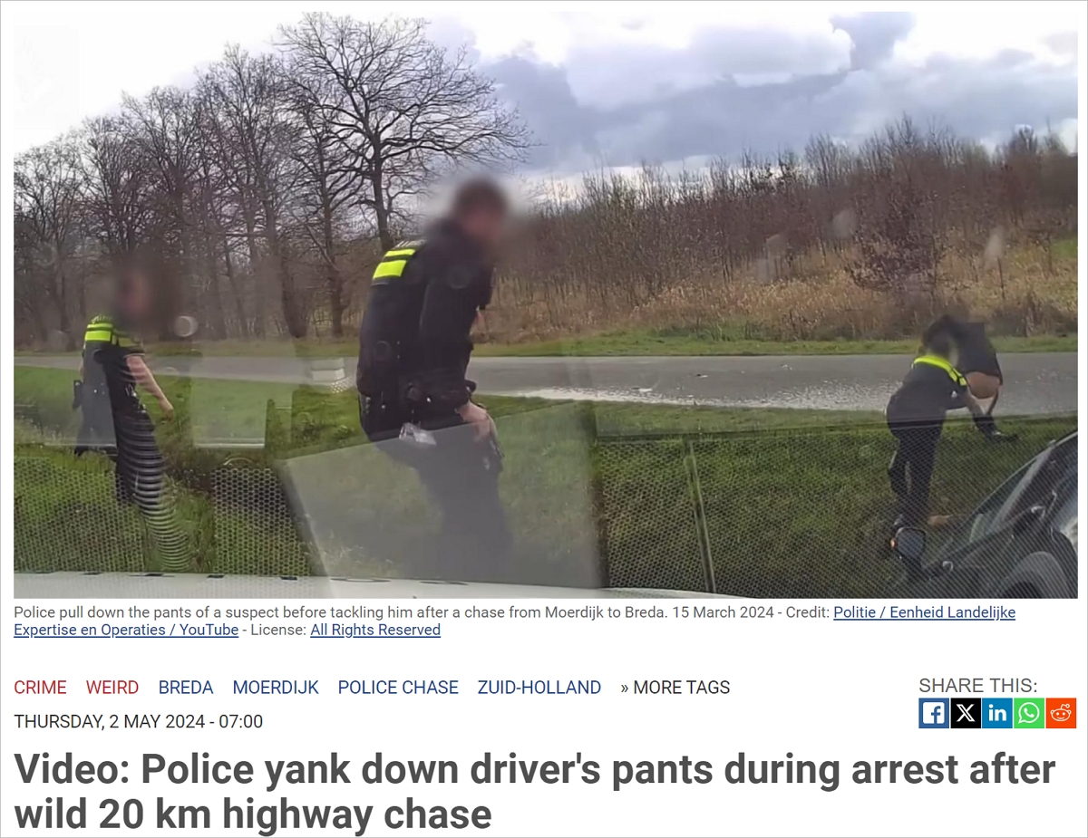 荷兰高速公路上的"猫鼠游戏"，警察不慎拉下了嫌疑人的裤子…