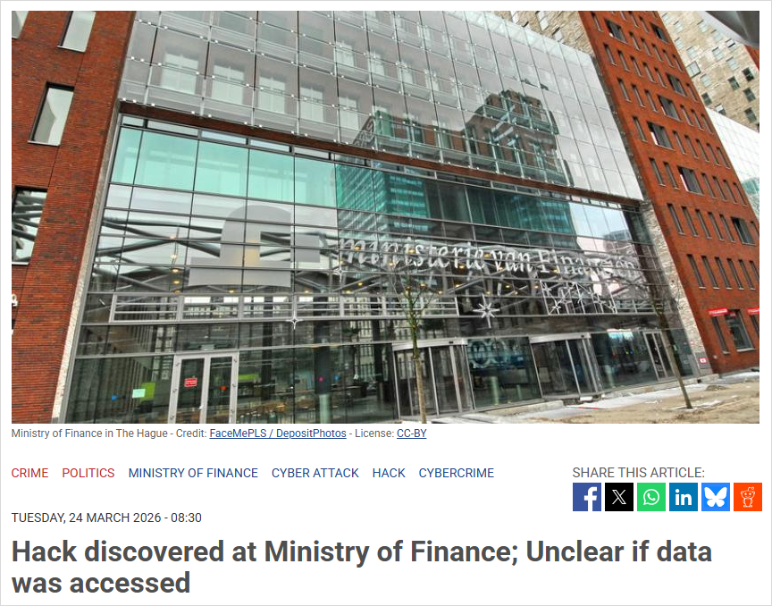 突发！荷兰财政部系统遭黑客入侵，已紧急切断访问权限