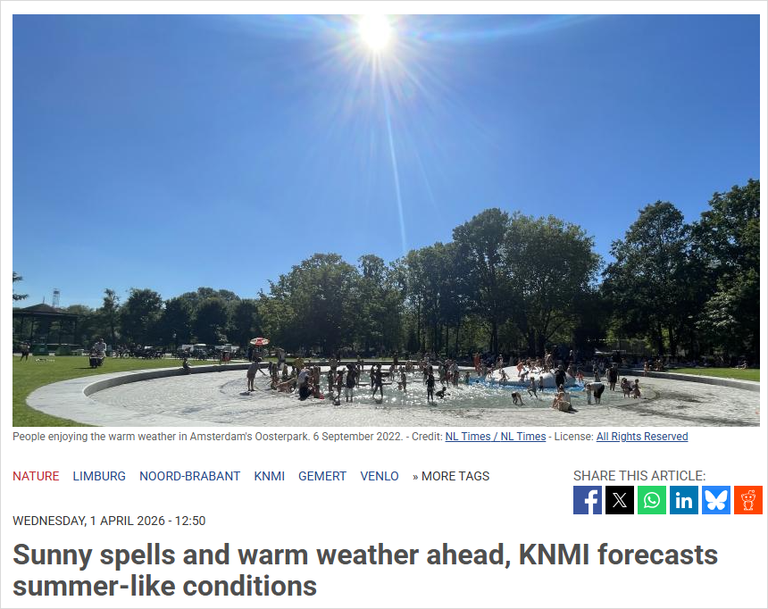 荷兰要突然热起来了！下周直接冲25°C，直接进入夏天？