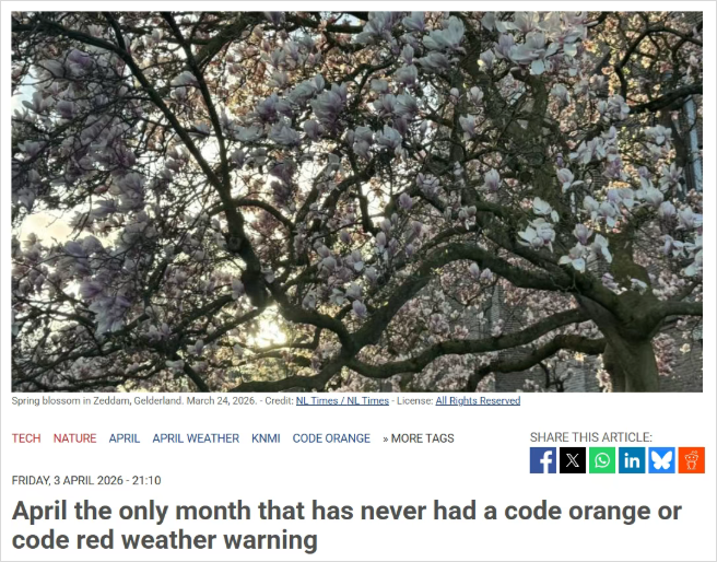 四月是荷兰一年中天气最好的季节？从未发布过天气预警