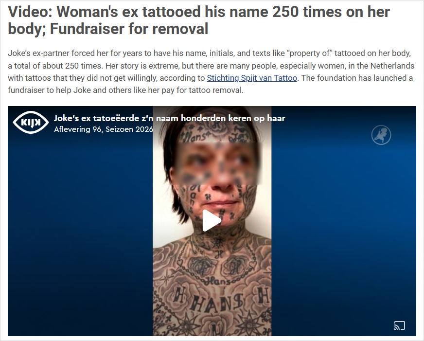 荷兰女子被逼在身上纹了250次前任名字，全网正为她众筹中