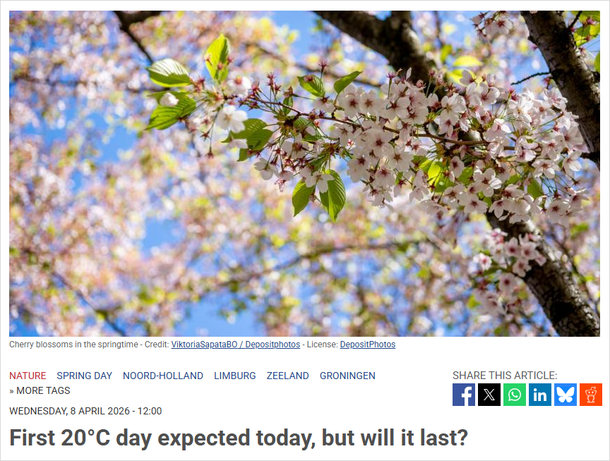 荷兰突然冲上20℃！但好天气马上要“变脸”？