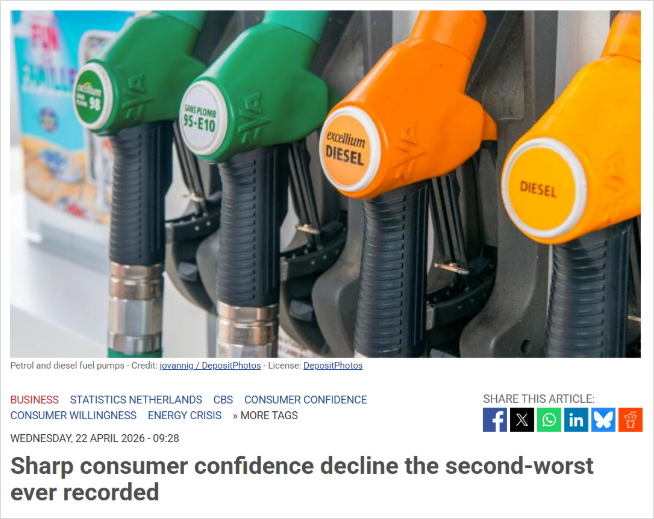 荷兰人彻底慌了？消费信心创历史第二大跌幅，纷纷捂紧钱包