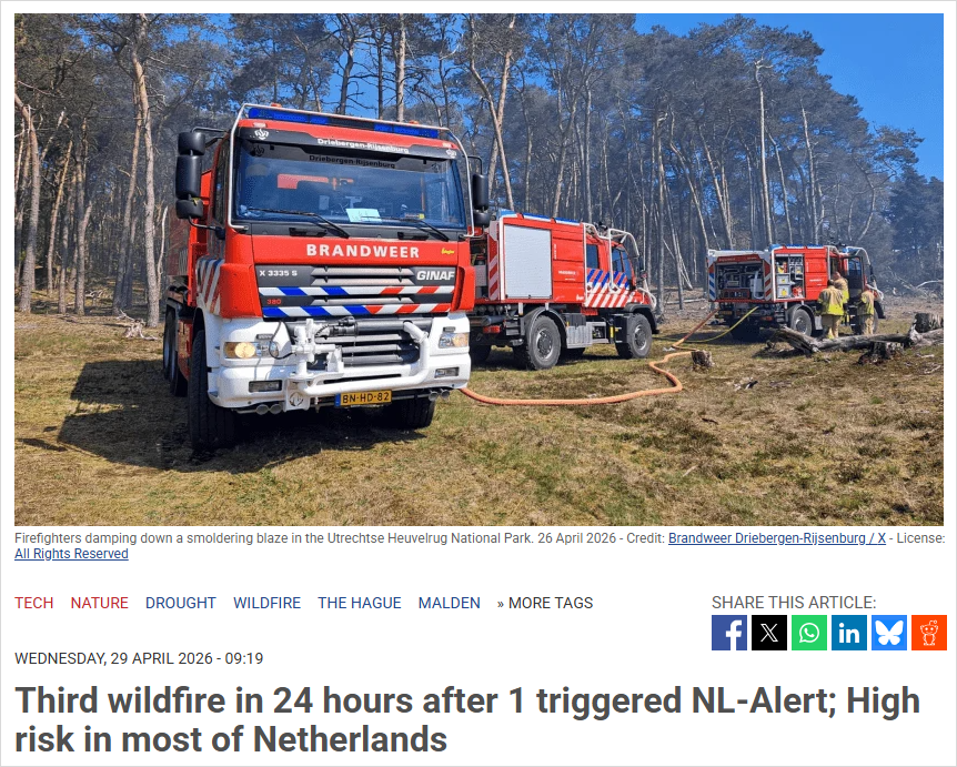 荷兰进入“易燃模式”！一天三场野火，全国¾地区进入高风险状态