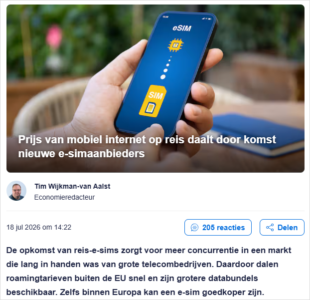 手机流量价格跳水！越来越多荷兰人出国用eSIM，怎么选？
